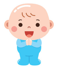 A cute and happy cartoon illustration of a baby dressed in a blue outfit, standing with hands clasped together and a joyful expression