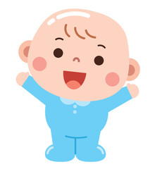 Obraz premium A cute and cheerful cartoon illustration of a baby dressed in a light blue onesie, standing with arms raised and a joyful expression.