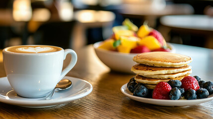 Beautifully Set Breakfast Table in Sunlit Cafe Featuring Pancakes and Fresh Fruits