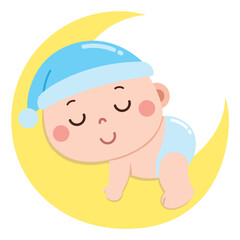 A sweet and dreamy cartoon illustration of a baby peacefully sleeping on a yellow crescent moon.