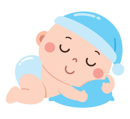 A cute and peaceful cartoon illustration of a baby sleeping soundly on a soft blue pillow, wearing a light blue nightcap
