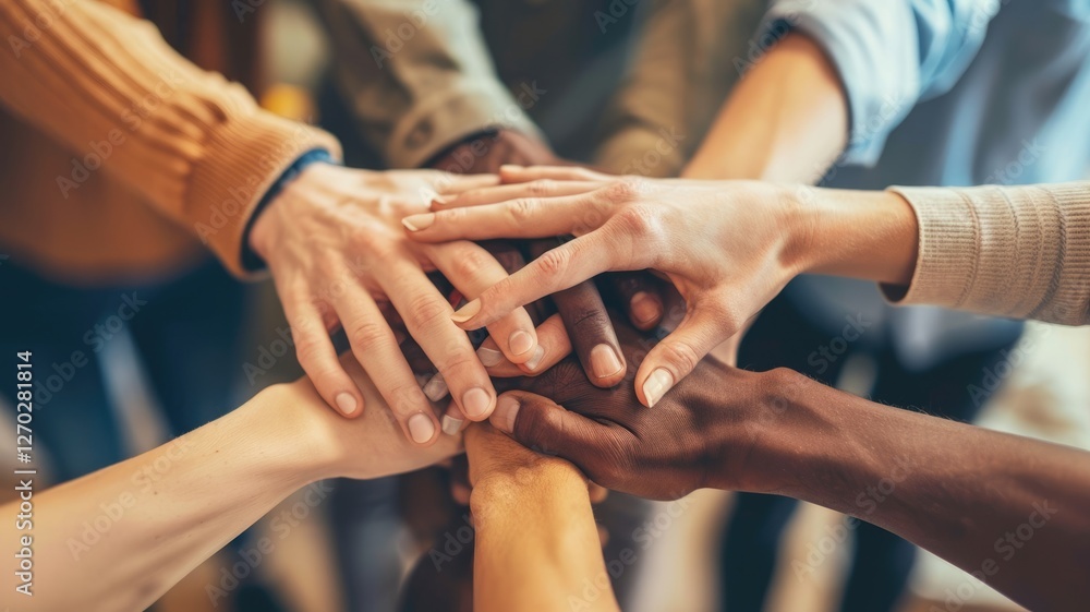 Poster a vibrant display of diverse hands coming together symbolizes unity and collaboration. this image re