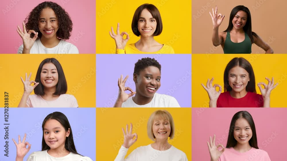 Poster a collection of women from various backgrounds making an okay gesture with their hands. their cheerf