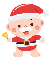 A cute and festive cartoon illustration of a baby dressed in a Santa Claus outfit, complete with a red hat, white fluffy trim, and a black belt