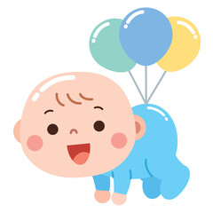 A cute and playful cartoon illustration of a baby crawling with a big smile while three colorful balloons (blue, green, and yellow) are tied to its back.