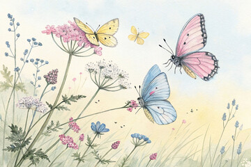 Fototapeta premium Colorful butterflies on wildflowers in meadow