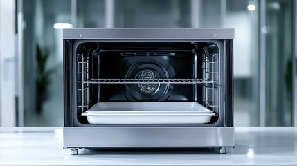 Stainless steel oven, open door, empty tray, modern kitchen