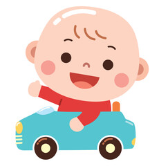 A cute and cheerful cartoon illustration of a baby sitting in a small blue toy car, waving with a joyful expression.
