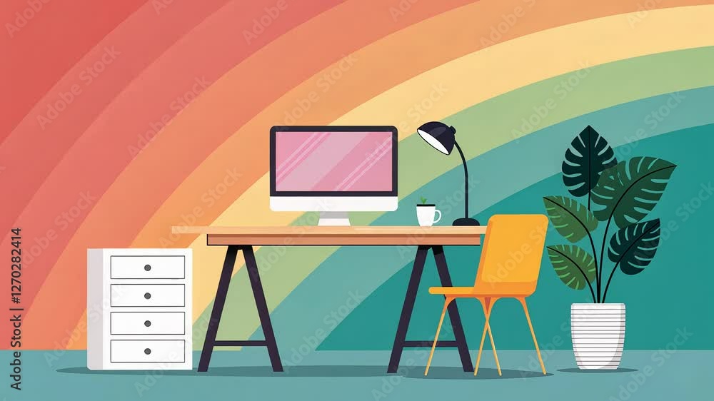 Poster gradient modern background, colorful workspace with plants and a computer setup