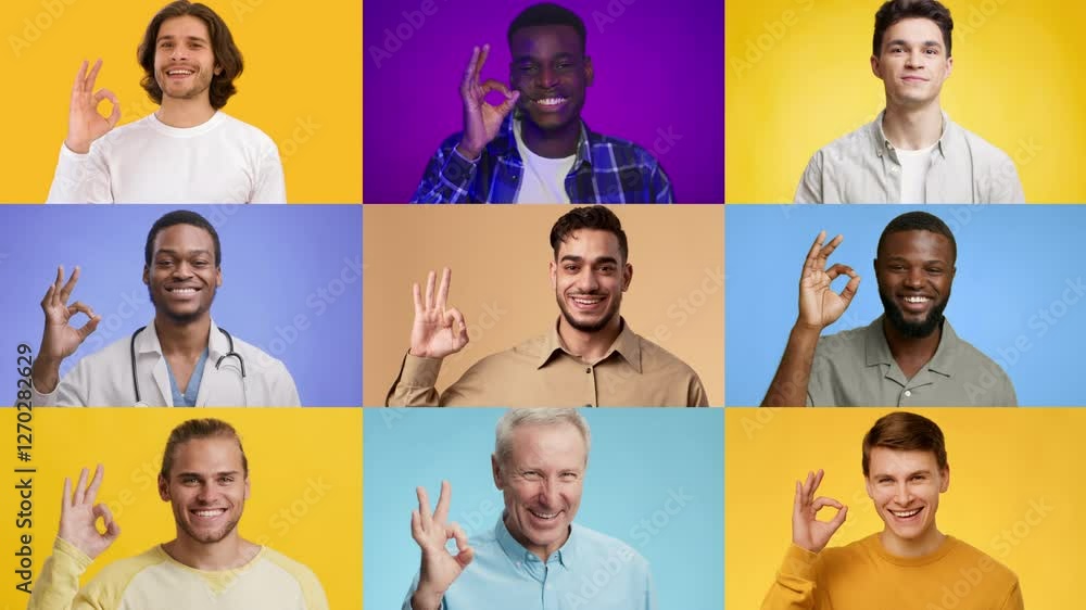 Poster A diverse collection of men from various backgrounds displays the OK gesture. They are smiling against vibrant backgrounds, showcasing joy and unity in diversity.