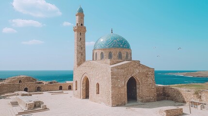Scenic view of an ancient stone mosque with a blue dome near the ocean under a clear sky