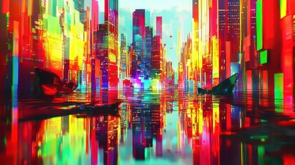 Vibrant Cityscape Reflection: A Futuristic Canal