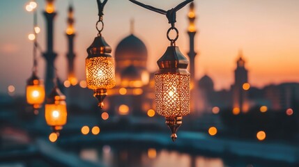 Ornate lanterns illuminated at sunset with a mosque silhouette in the background, creating a serene ambiance