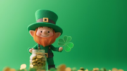 Celebrate St. Patrick's Day with a Charming Leprechaun and Golden Coins on a Lush Clover Leaf - Perfect for Greetings, Cards, and Wishes Full of Luck and Riches!