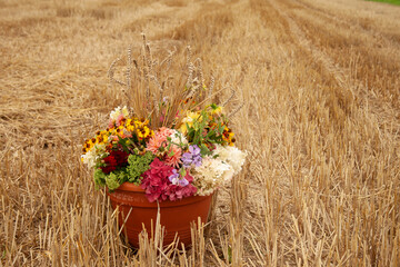 Erntedank Fest in Deutschland. Tradition nach der Feld Ernte im Herbst mit Blumen auf dem Acker