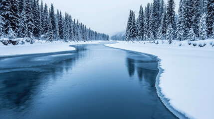 Obraz premium Breathtaking View of a Frozen River Winding Through Snowy Pines and Winter Landscape