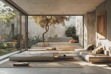 Living room interior design featuring a large tree as a central decorative element in the space