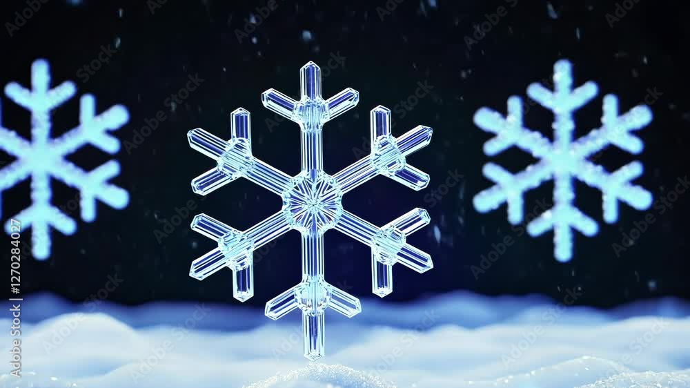 Poster close up of intricate snowflake patterns with icy texture dark background, illuminated to reveal cry