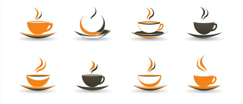Eight stylized coffee cup icons: orange, white, and dark brown