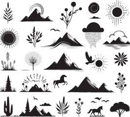 Nature silhouettes mountains, plants, sun.