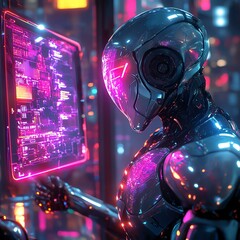 A futuristic robot interface displaying vibrant neon lights, symbolizing advanced technology and artificial intelligence in a high-tech environment.