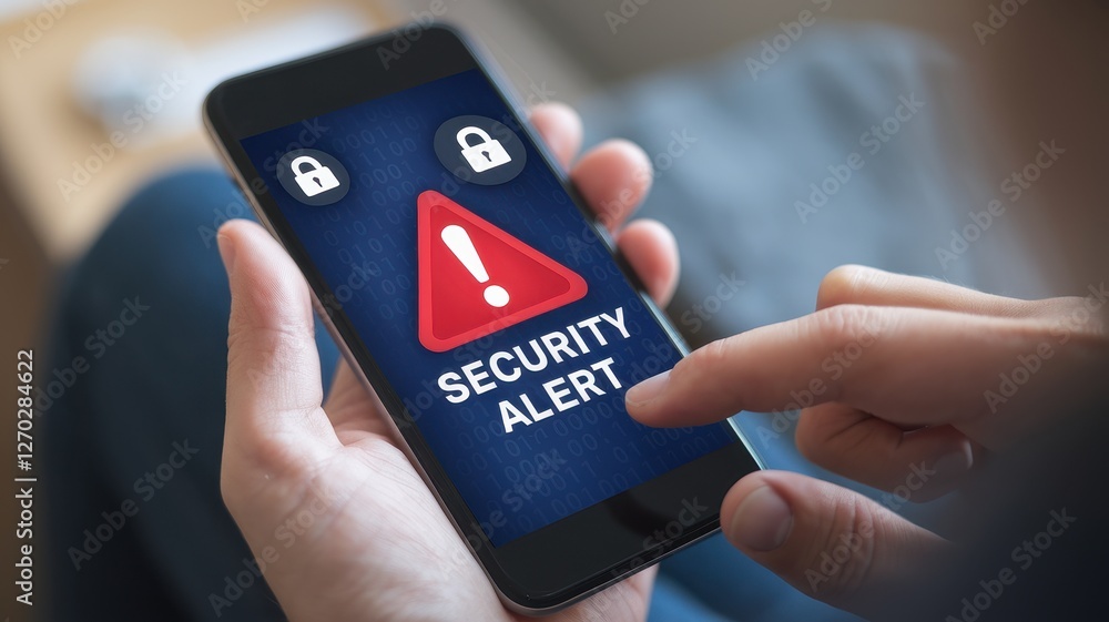Poster hand holding smartphone displaying a security alert notification screen