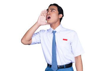 Indonesian Male High School Student in Uniform Shouting with Hand on Mouth Isolated Transparent