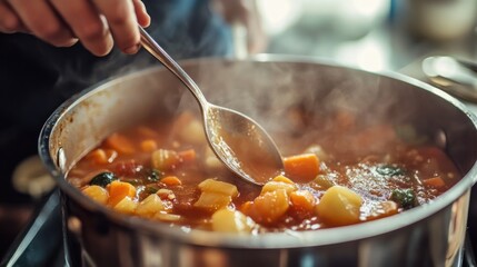 A steaming pot of hearty vegetable stew, freshly cooked and ready to be served.  A close-up shot shows the vibrant colors and rich textures of the delicious soup.