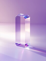 A single large glass prism on a purple background, with light refraction and reflections