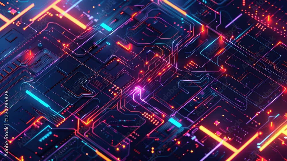 Poster this vibrant abstract graphic design features intricate computing elements and luminous patterns, pe