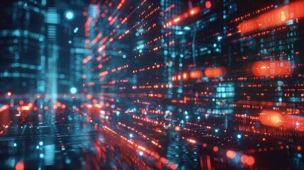 Futuristic Digital City with Glowing Data Streams