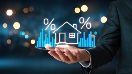 Man presents digitally superimposed house with rising interest rates