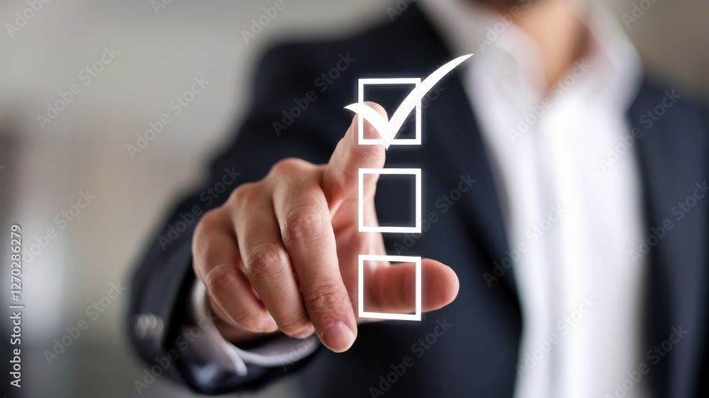 Poster a man selects a checklist item with his index finger
