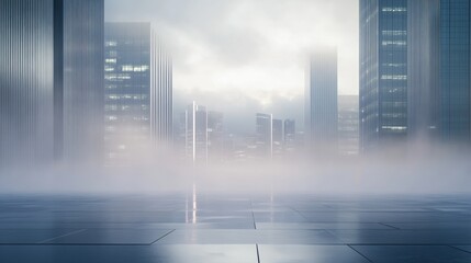 A sleek car plaza with futuristic skyscrapers glowing under soft morning mist. Featuring freshness and innovation