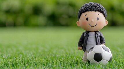 Cute Cartoon Boy Figurine Holding Soccer Ball On Green Grass
