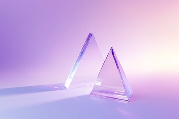 A single large glass prism on a purple background, with light refraction and reflections