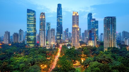 Obraz premium Cityscape at Dusk: Skyscrapers and Lush Greenery