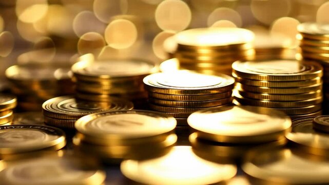 close up gold coins pile up, gold coin stack with glitter glow light, abstract background of banking and financial,