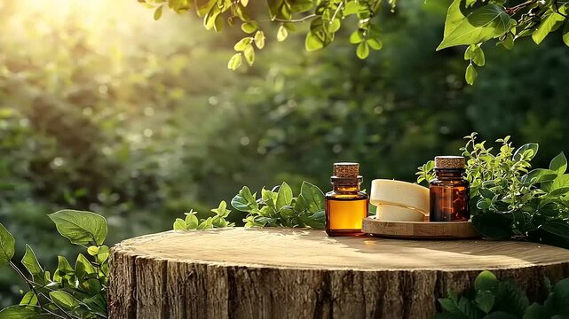Serene forest setting featuring essential oil bottles on a wooden stump surrounded by greenery