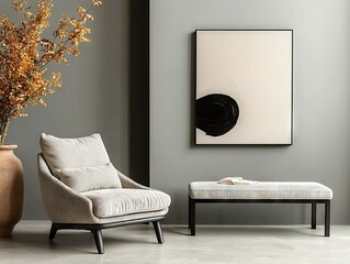 Stylish modern living room with artistic decor minimalist design urban environment contemporary view
