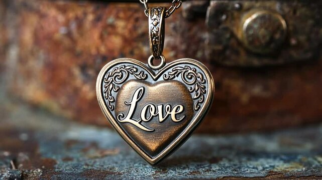 Ornate heart locket with love inscription on weathered surface