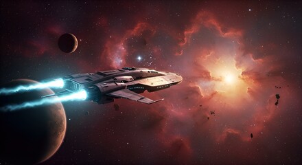 Futuristic spaceship flying through a vibrant galaxy filled with stars, planets, and glowing nebulae.