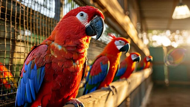 macaw bird in breeding farm, in big cage