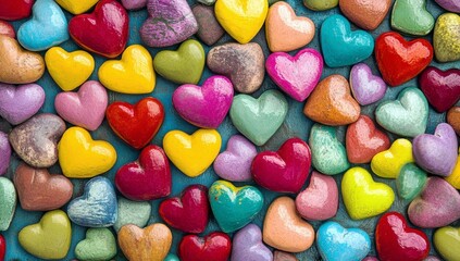 Colorful Heart-Shaped Stones in Various Shades and Textures Arranged on a Wooden Surface for Creative Background and Design Use