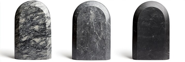 Professional Product Photography of Unique Rounded-Top Gravestones: High-Quality Stone Designs in Various Shades for Cemetery and Monument Advertising Purposes