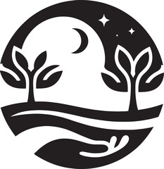 Night scene with crescent moon, stars, and stylized trees.