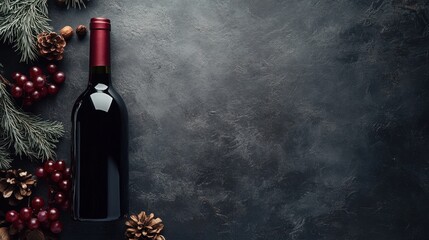 A stylish bottle of red wine rests elegantly on a dark surface, surrounded by pine branches and holiday decorations, perfect for festive gatherings and celebrations.