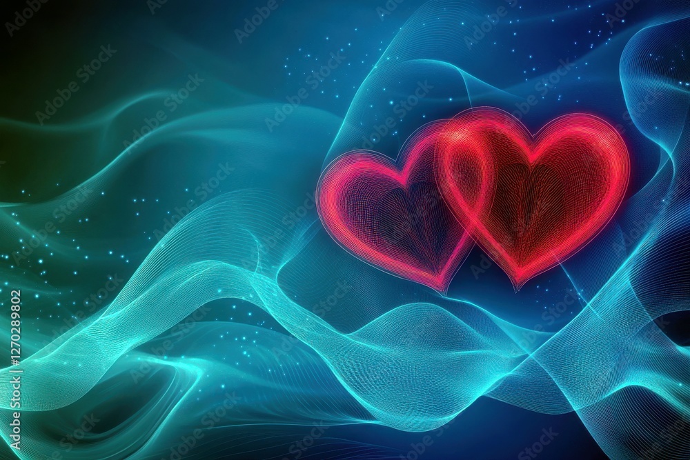 Poster two intertwined hearts creating a romantic atmosphere with colorful waves and soft light effects in 
