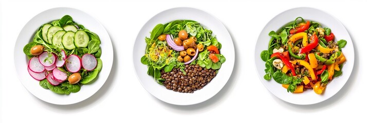 Vibrant Vegetarian Salads: Mediterranean, Protein-Packed Lentil, and Colorful Bell Pepper Creations for High-Quality Food Advertising, Perfect for Restaurant Menus and Health-Conscious Dining