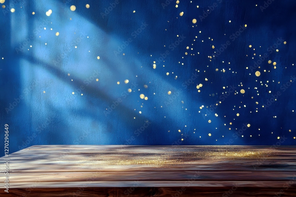 Poster bright sparkling dust on wooden surface with blue background and soft rays of light illuminating a m
